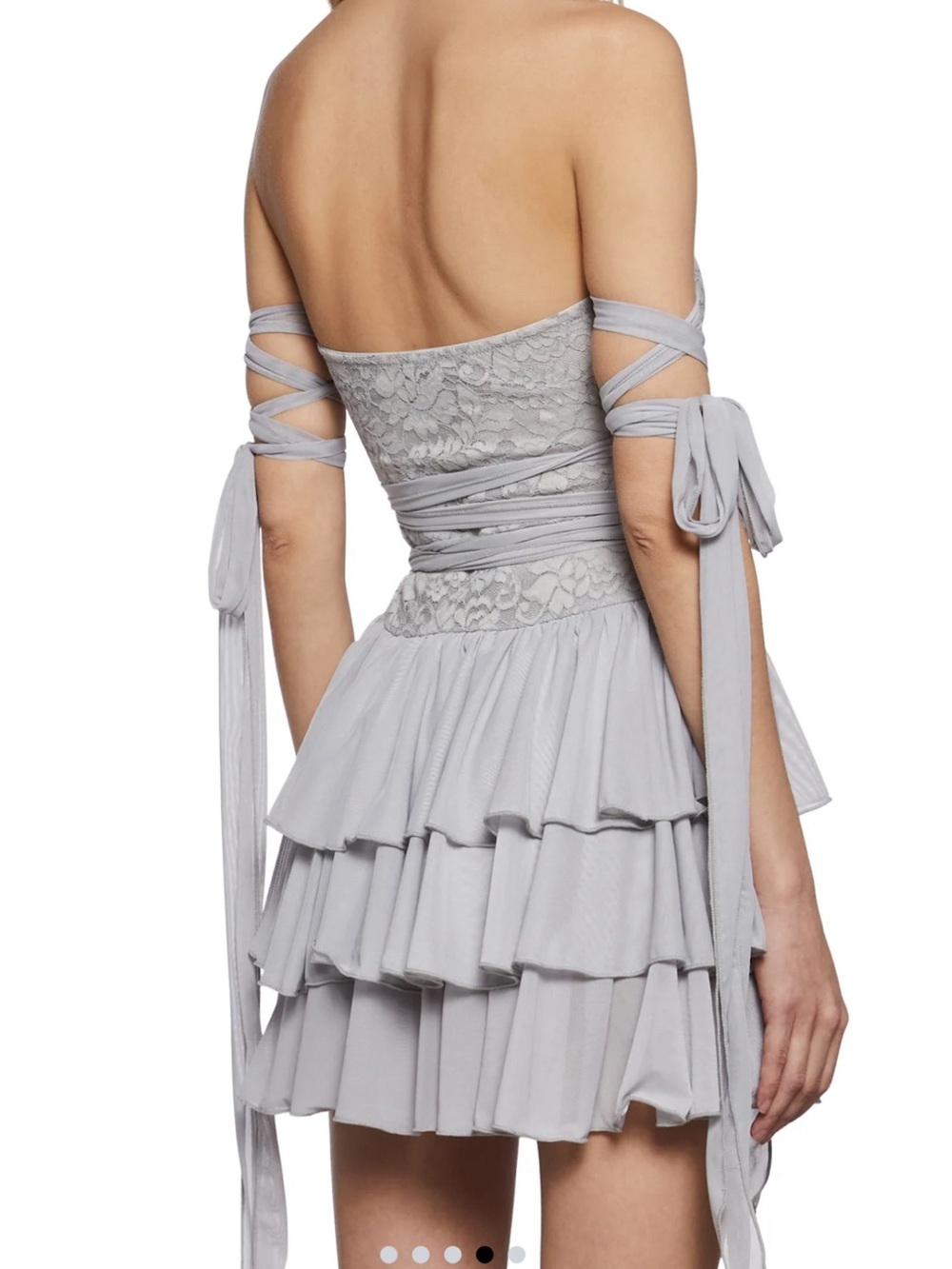 Widow size XS Off-Shoulder Lace Wrap Tiered Mini Dress in Light Gray